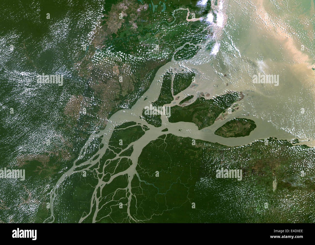 Amazonas-Delta, Brasilien, Echtfarben Satellitenbild. Echtfarben-Satellitenbild von der Mündung des Flusses Amazonas, eines der langen Stockfoto