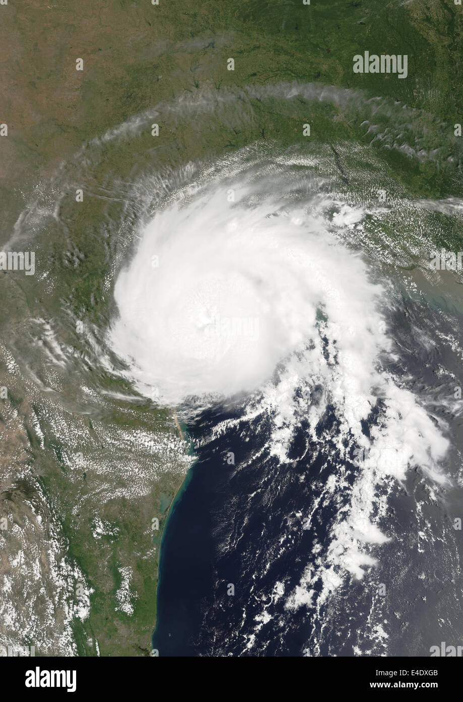 Hurrikan Claudette, Texas, uns im Jahr 2003, wahre Farbe Satellitenbild. Hurrikan Claudette am 15. Juli 2003 in Matagorda Bay auf th Stockfoto