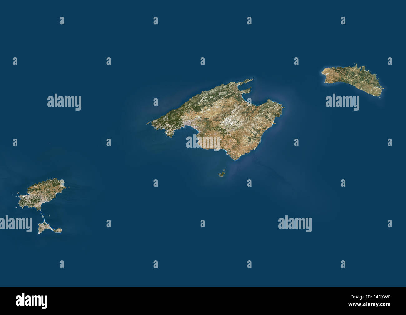 Balearen, Spanien, Echtfarben-Satellitenbild. Echtfarben-Satellitenbild der Balearen, eine spanische Inselgruppe Stockfoto