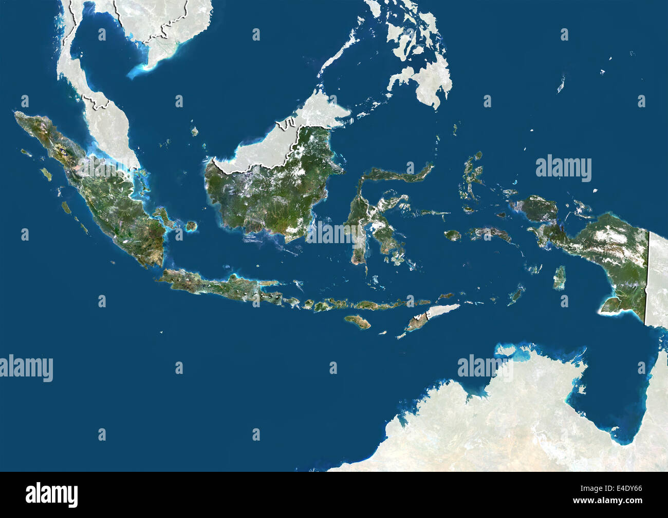 Indonesien, Echtfarben-Satellitenbild mit Rand und Maske Stockfoto
