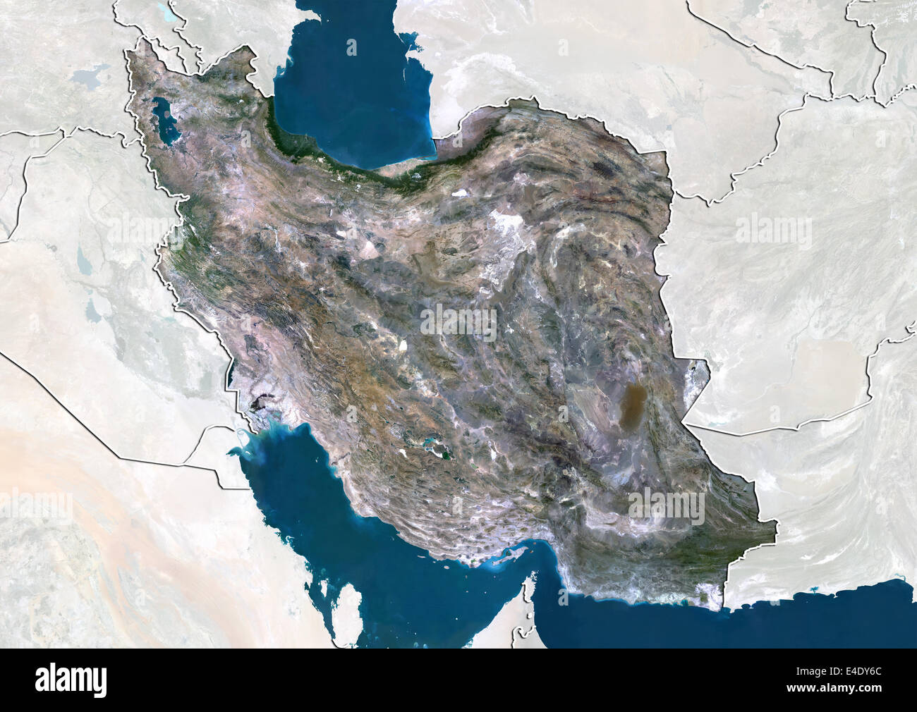 Iran, Echtfarben-Satellitenbild mit Rand und Maske Stockfoto