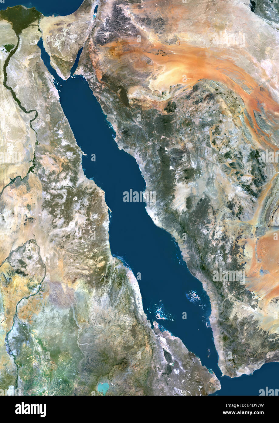 Rotes Meer, Nahost, Echtfarben-Satellitenbild. Echtfarben-Satellitenbild des Roten Meeres, eine Meerwasser-Bucht des indischen OK Stockfoto