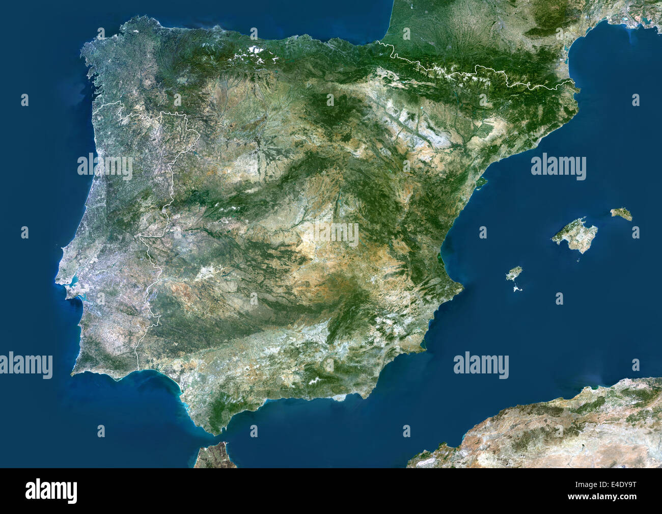 Spanien und Portugal, Echtfarben-Satellitenbild mit Rand. Spanien und Portugal, Echtfarben-Satellitenbild mit Rand. Spanien Stockfoto