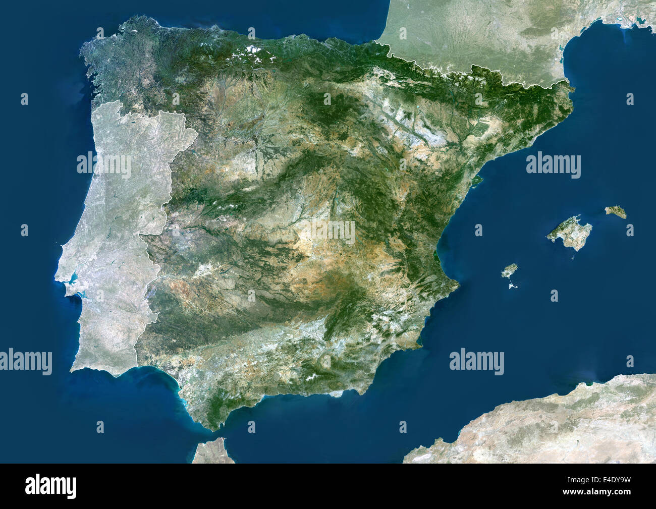 Spanien, Echtfarben-Satellitenbild mit Maske und Grenze. Spanien, Echtfarben-Satellitenbild mit Maske und Grenze. Spanien nimmt Stockfoto