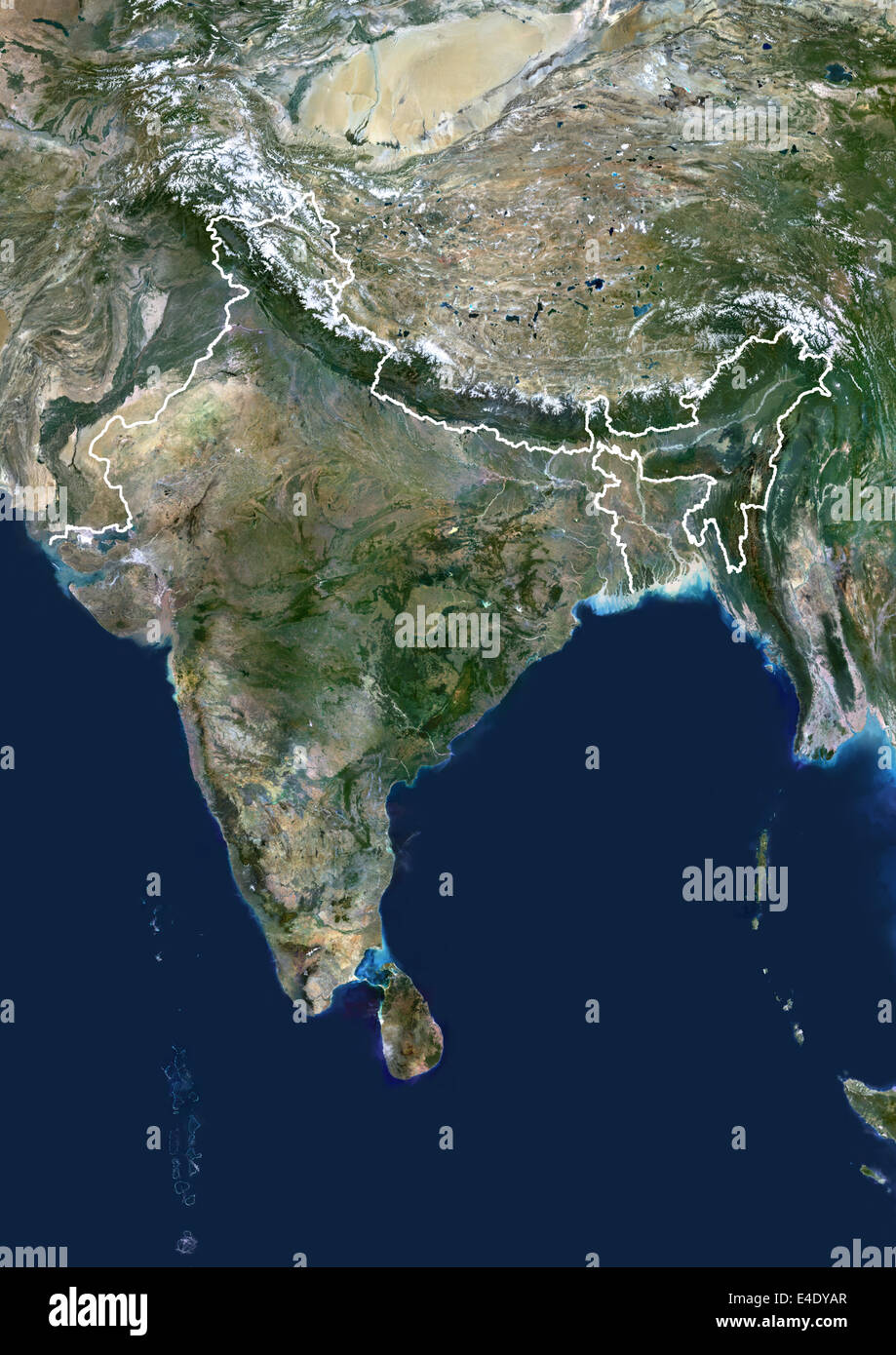 Indien, Echtfarben-Satellitenbild mit Rand. Indien, Echtfarben-Satellitenbild mit Rand. Dieses Bild zeigt die indische subc Stockfoto
