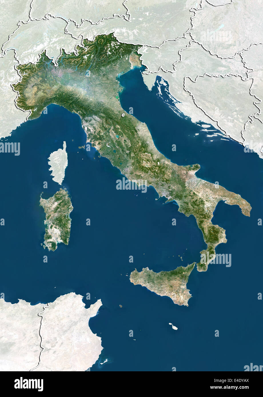 Italien, Echtfarben-Satellitenbild mit Rand und Maske Stockfoto