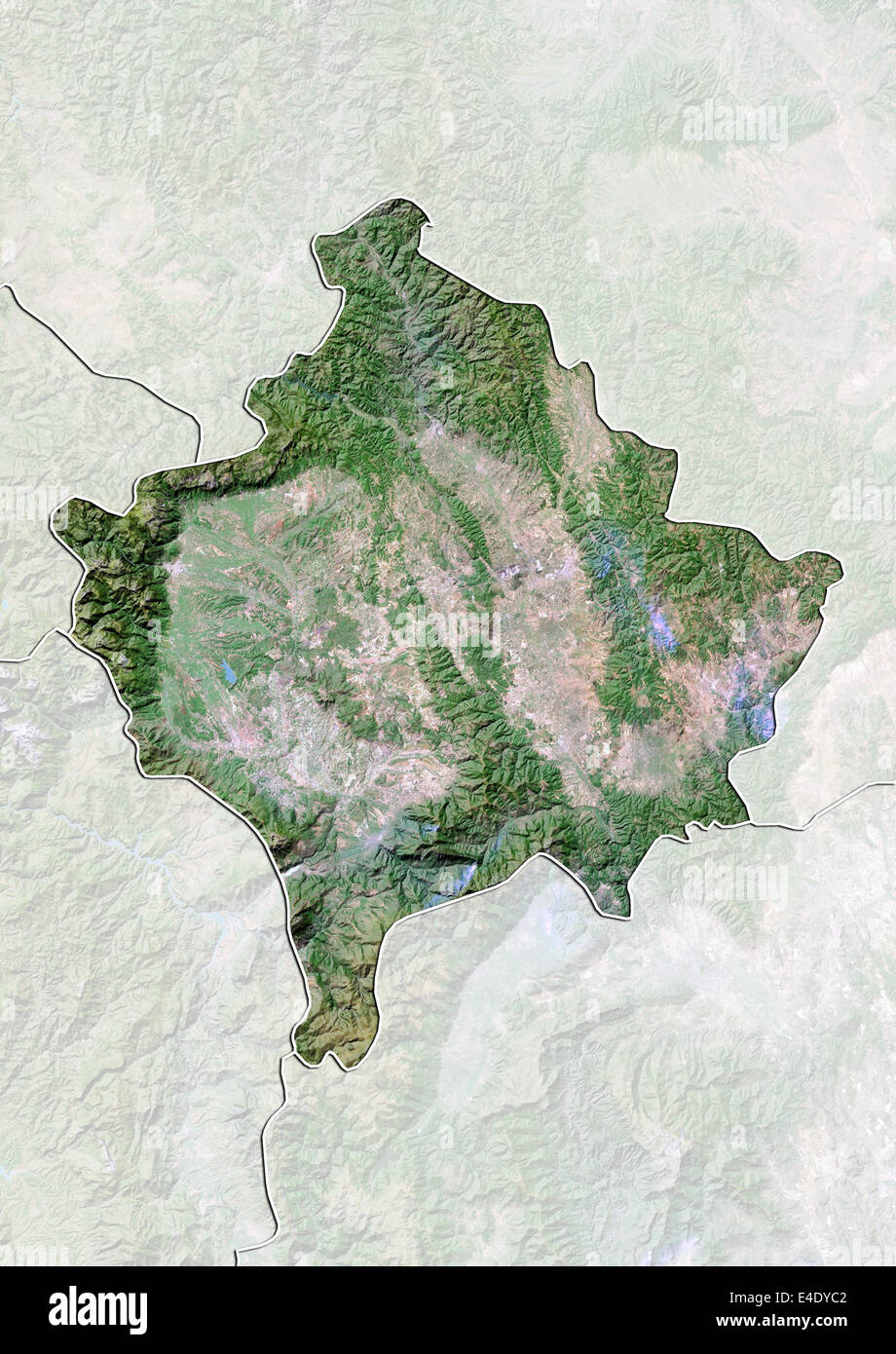 Kosovo, Satellitenbild mit Relief-Effekt, mit Rand und Maske Stockfoto