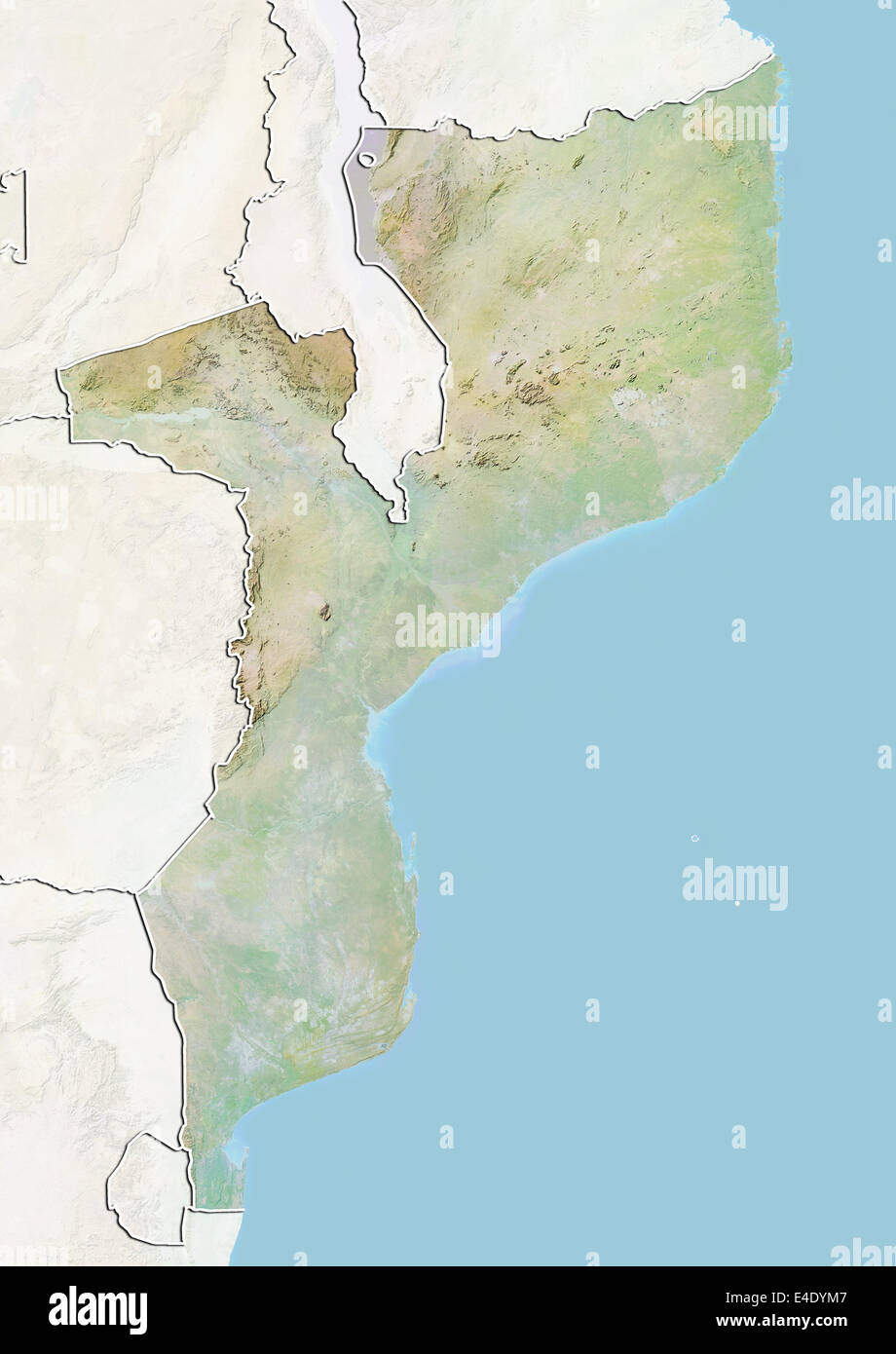 Mosambik, Reliefkarte mit Rand und Maske Stockfoto