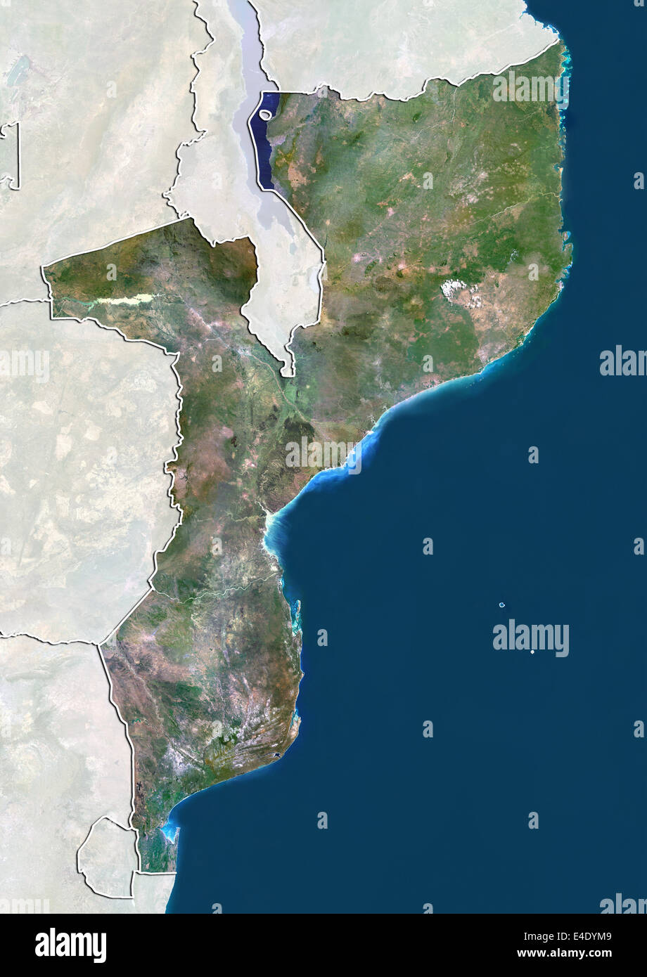 Mosambik, Echtfarben-Satellitenbild mit Rand und Maske Stockfoto