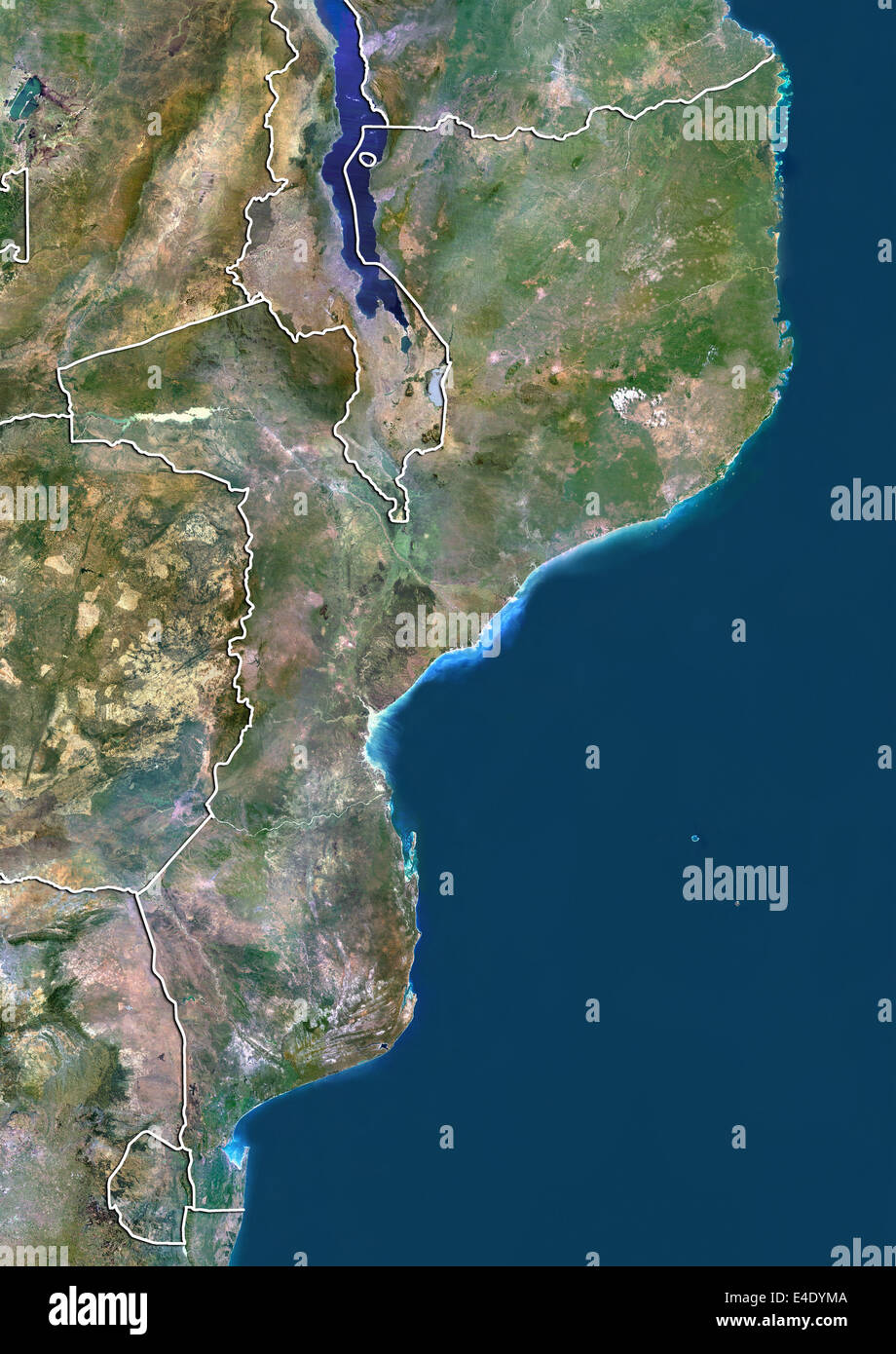 Mosambik, Echtfarben-Satellitenbild mit Rand Stockfoto