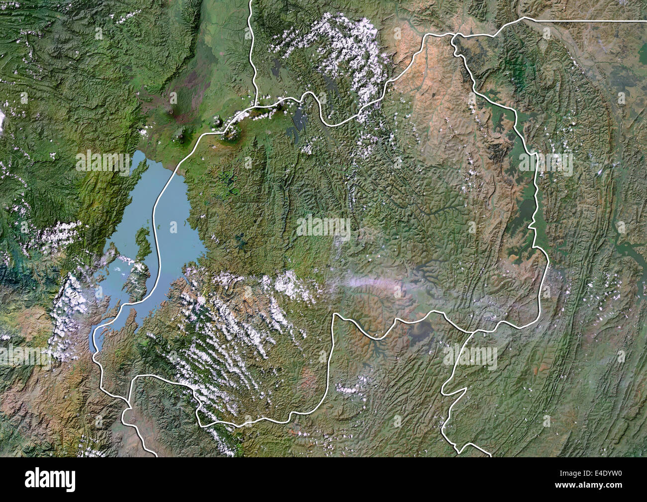 Ruanda, Satellitenbild mit Relief-Effekt, mit Rand Stockfoto