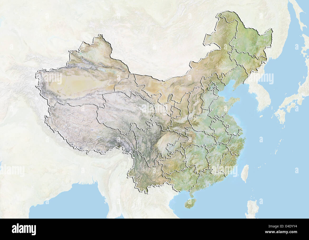 China, Reliefkarte mit Grenzen der Provinzen Stockfoto