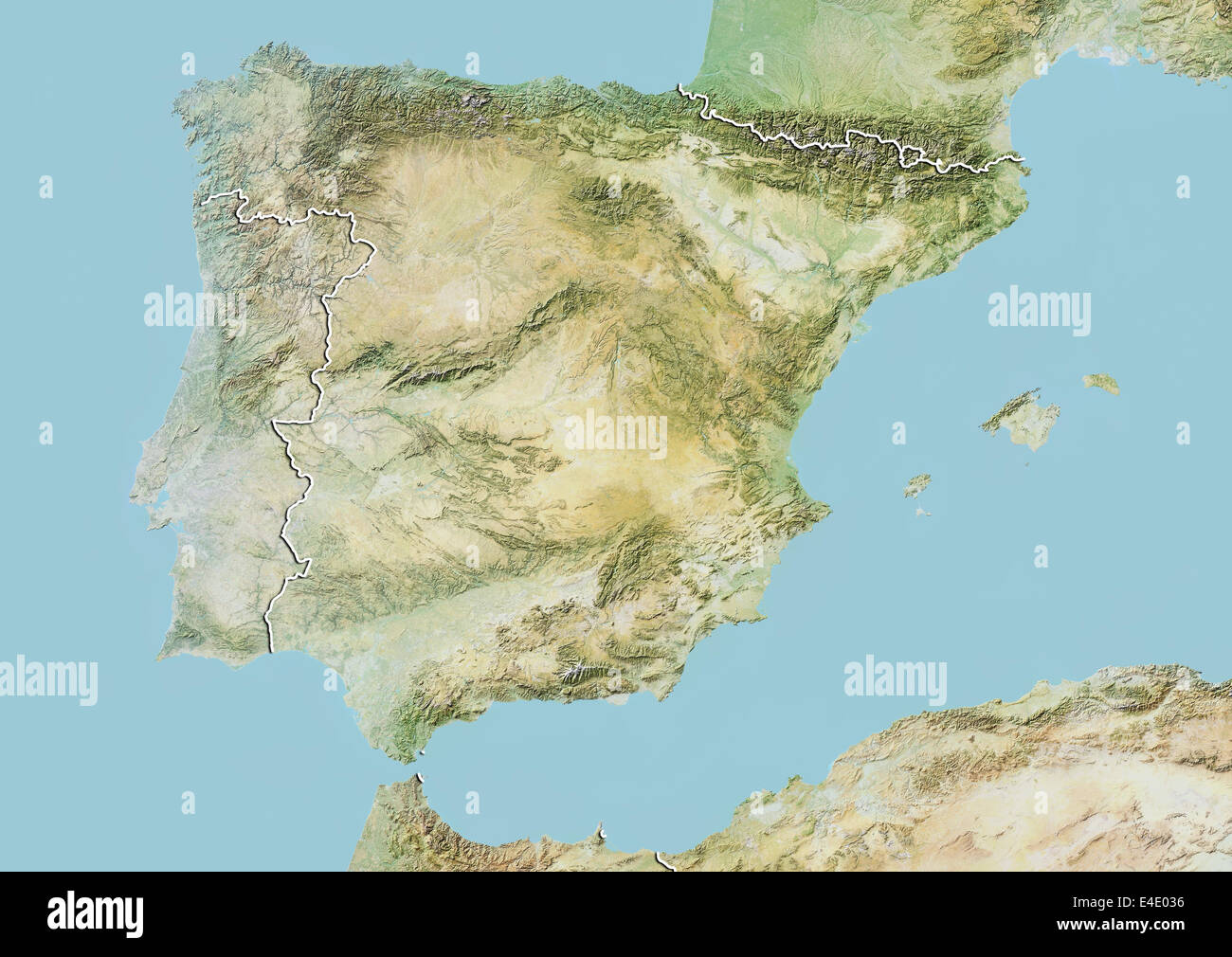 Spanien und Portugal, Reliefkarte mit Rand Stockfoto