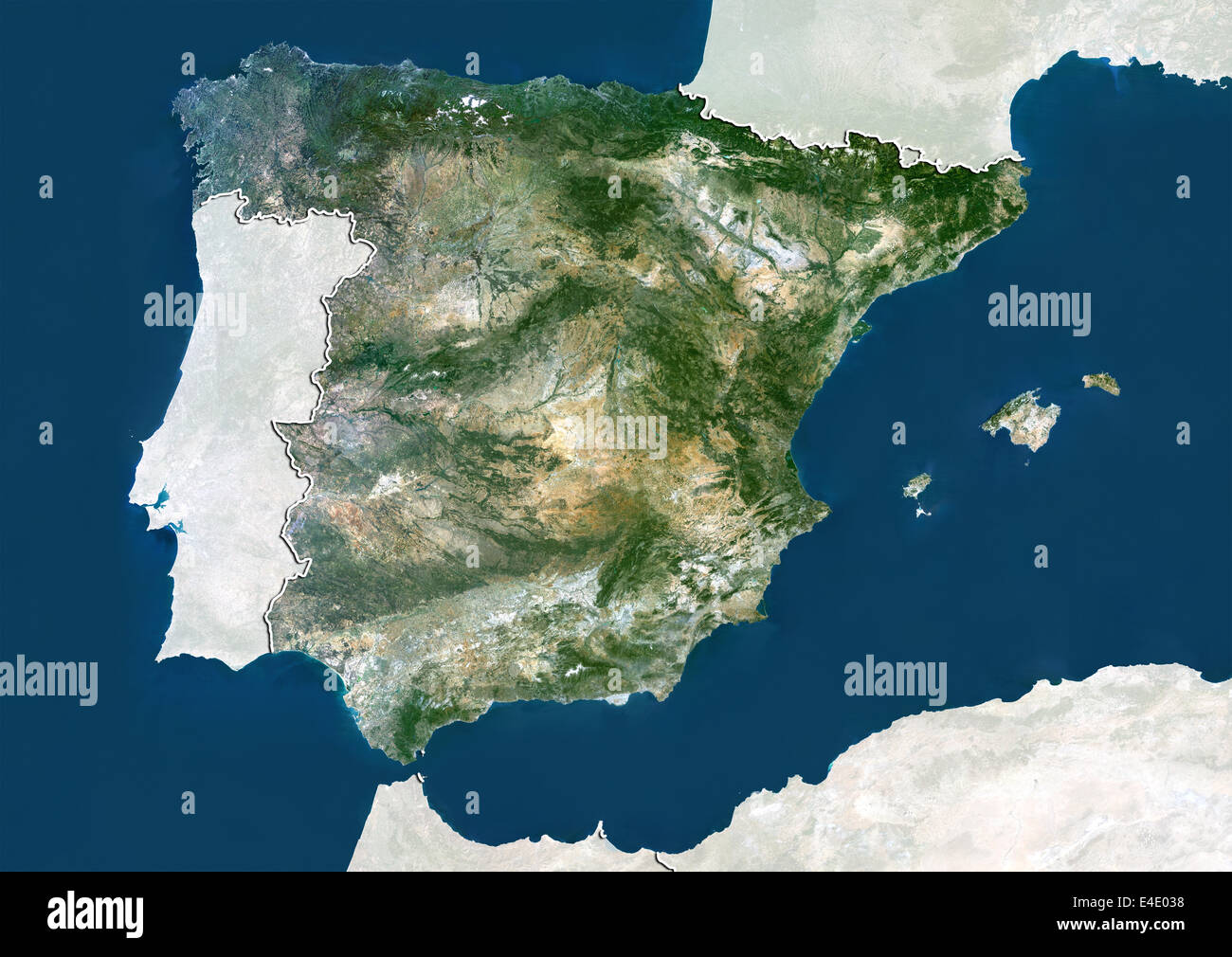 Spanien, Echtfarben-Satellitenbild mit Rand und Maske Stockfoto