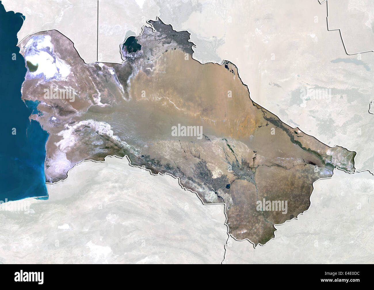 Turkmenistan, Echtfarben-Satellitenbild mit Rand und Maske Stockfoto