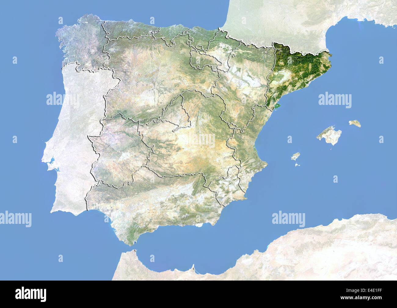 Spanien und der Region Katalonien, Satellitenbild mit Relief-Effekt Stockfoto