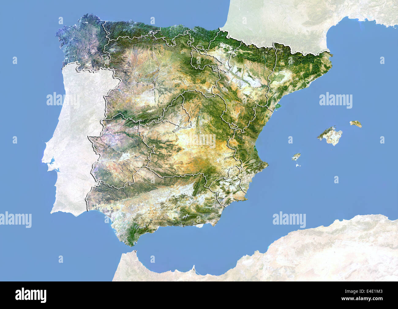 Spanien, Satellitenbild mit Relief-Effekt und die Grenzen der Region Stockfoto