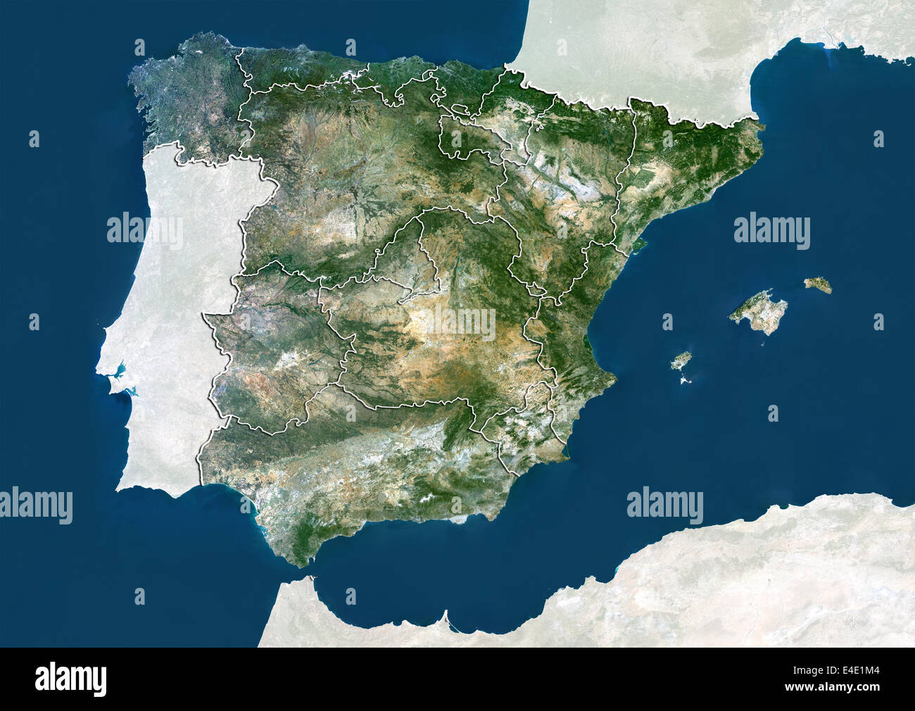 Spanien, Echtfarben-Satellitenbild mit Region Grenzen Stockfoto