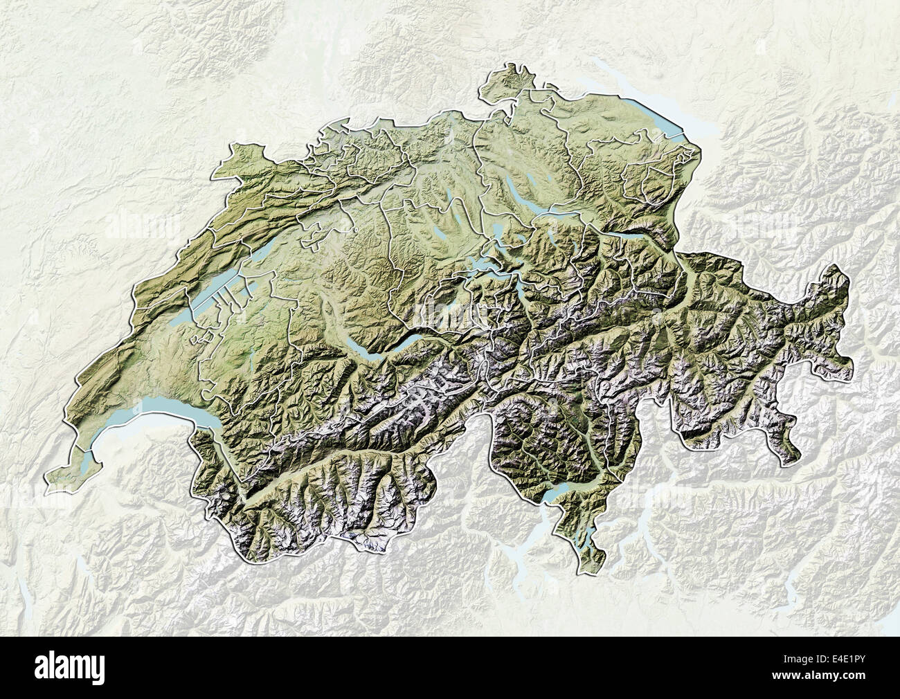 Schweiz, Reliefkarte Kanton Grenzen Stockfoto