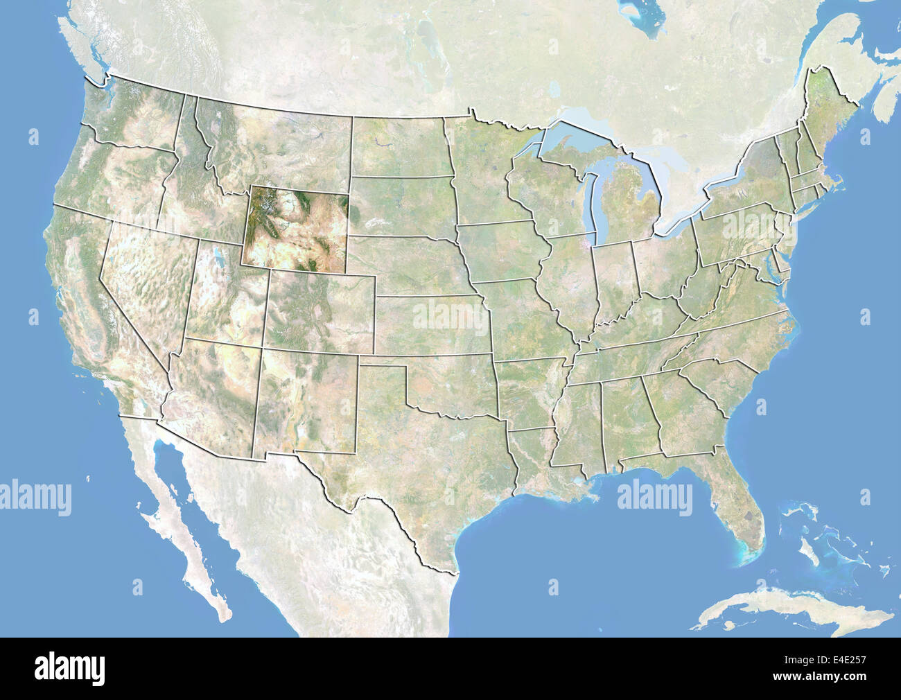 Vereinigten Staaten und der Zustand von Wyoming, Satellitenbild mit Relief-Effekt Stockfoto