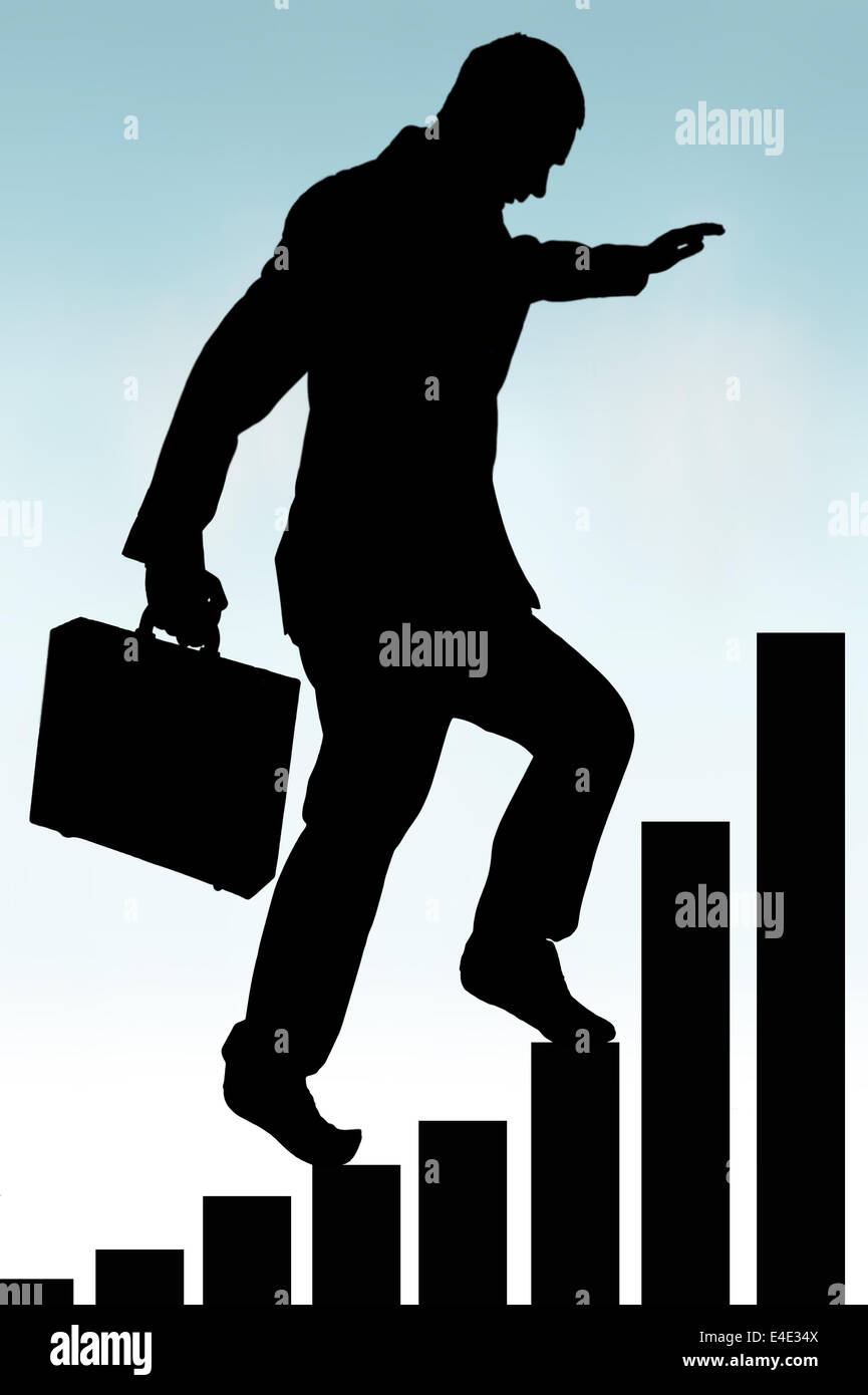 Business bar Chart Wachstum Erfolg nach oben Gewinn Geschäftsmann in der Silhouette Klettern ein Balkendiagramm Stockfoto