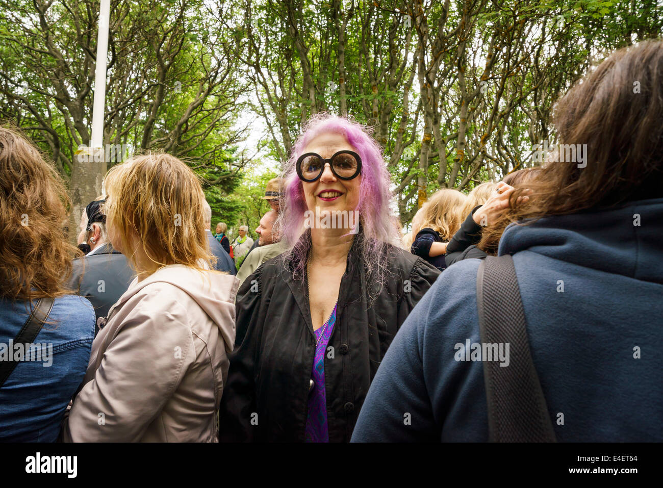 Frau mit Haar gefärbt, rosa und mutige Runde Brille, Unabhängigkeitstag Juni 17.-Island, Reykjavik, Island Stockfoto