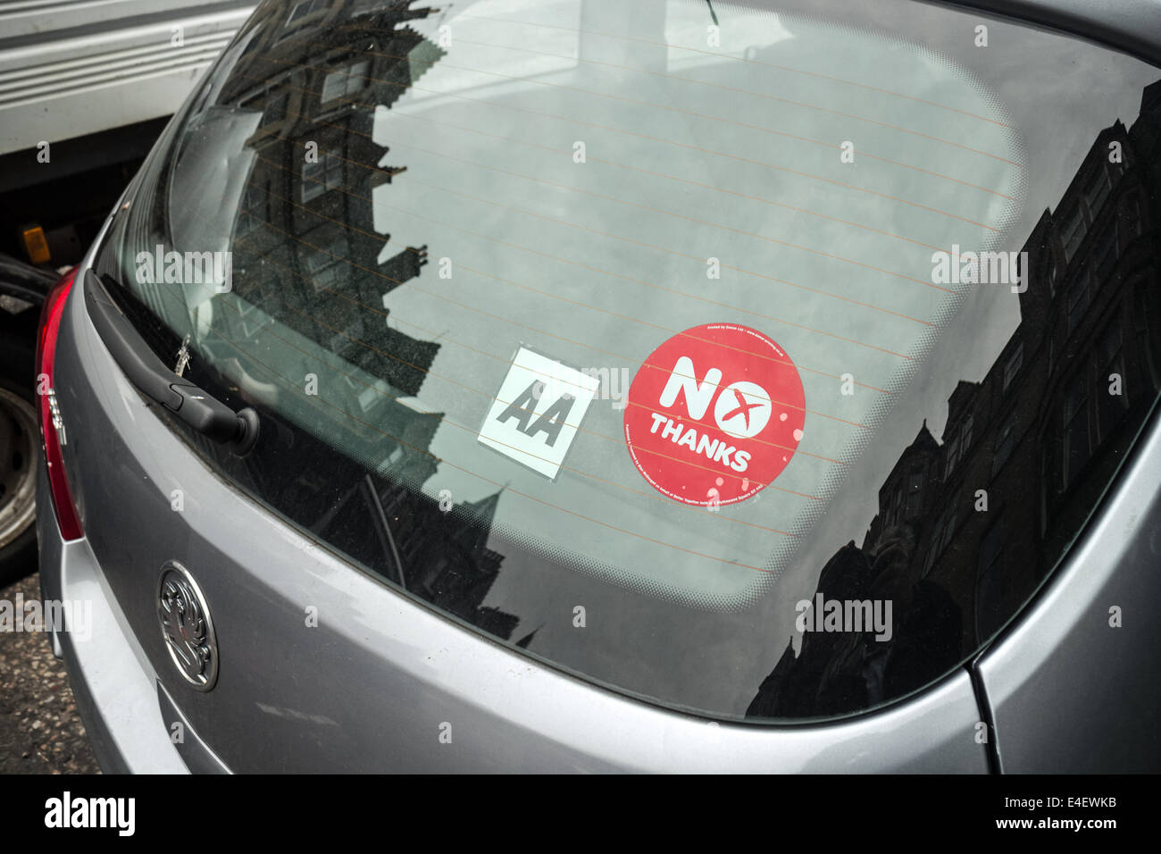 Schottische Unabhängigkeit Nein danke Aufkleber in der Heckscheibe eines Autos Stockfoto