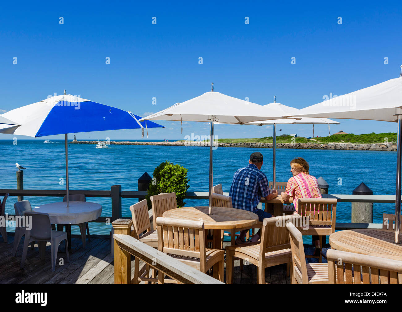 Waterfront Restaurant Gosman Dock Entwicklung, Montauk Harbor, Suffolk County, Long Island, NY, USA Stockfoto