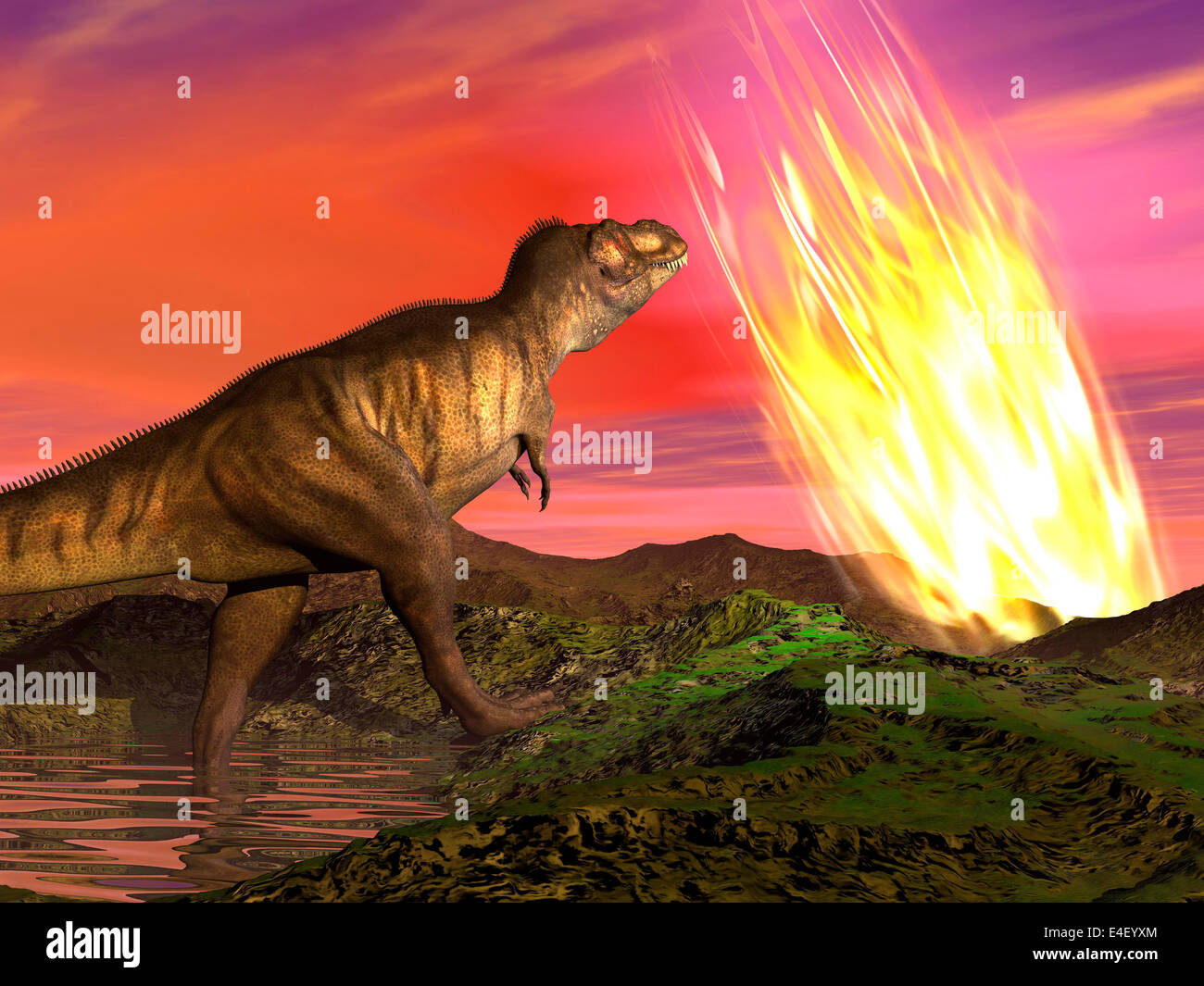 Tyrannosaurus Rex Dinosaurier beobachtet ein Meteorit stürzt in Erde