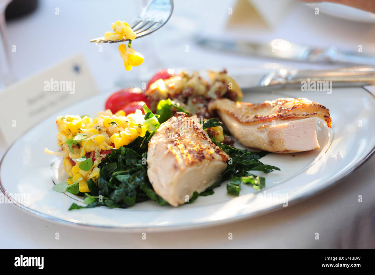 Leckere Hähnchen Abendessen Hauptgericht serviert Ihnen eine Hochzeit und wird mit einer Seitenlänge von Mais genossen. Stockfoto