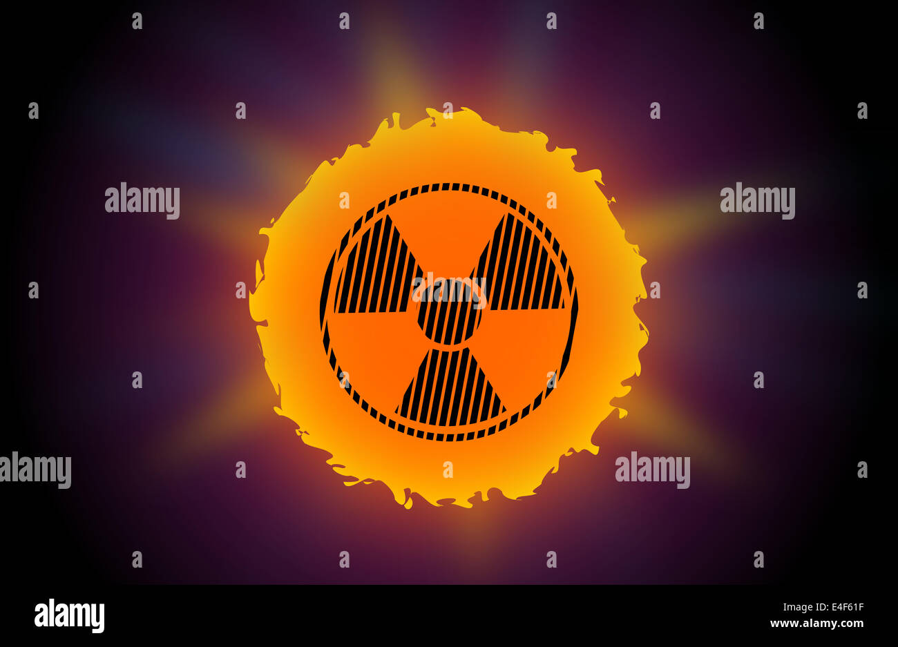Gezeichnete Sonne mit radioaktiven Symbol drauf Stockfoto
