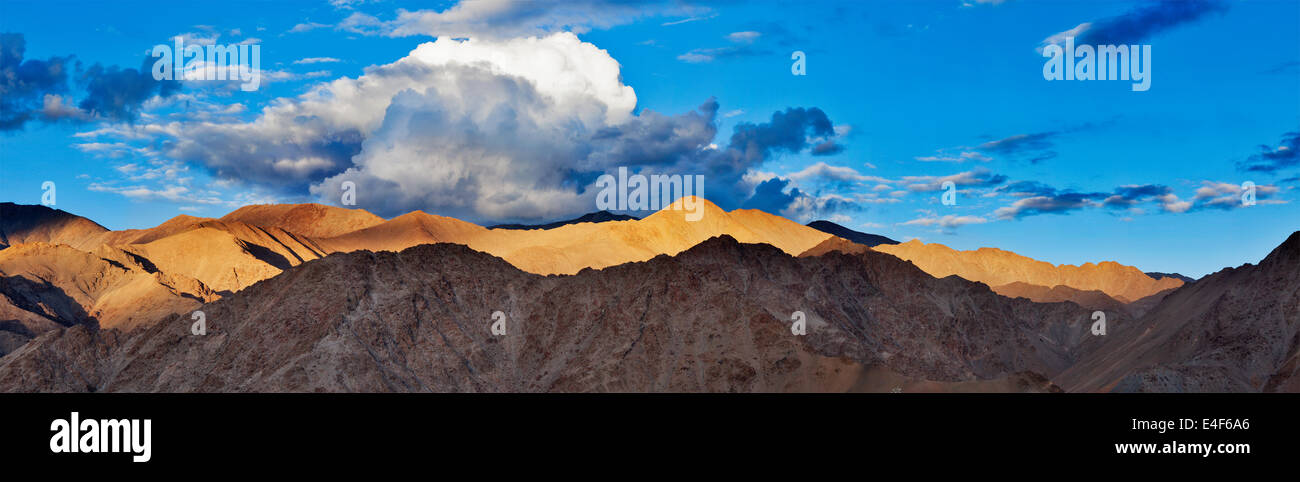 Panorama des Himalaya Gebirges am Sonnenuntergang. Ladakh, Jammu und Kaschmir, Indien Stockfoto