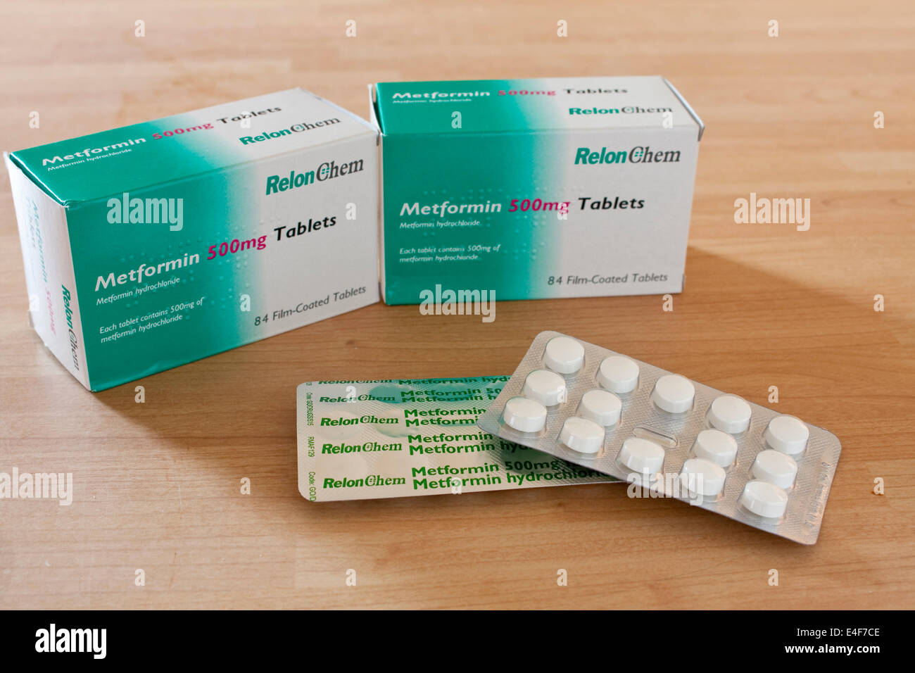 Pakete von Metformin Tabletten zur Behandlung von Diabetes Typ 2 Stockfoto