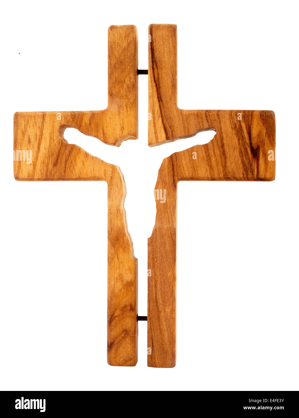 Holzkreuz mit Jesus isoliert auf weißem Hintergrund Stockfoto