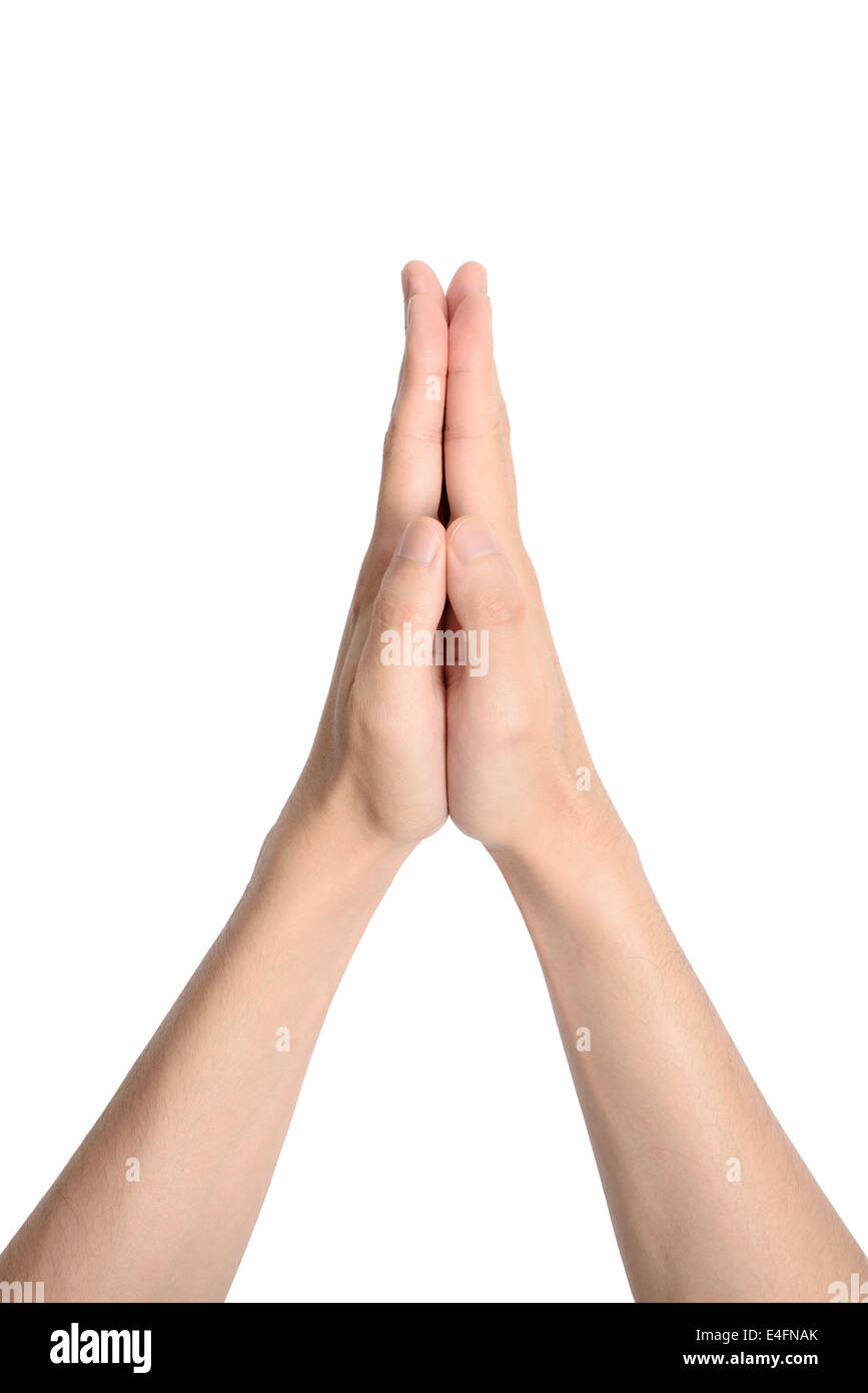 Betende Hände asiatischer Mann, isoliert auf weiss Stockfoto Betende Hände asiatischer Mann, isoliert auf weiss Stockfoto