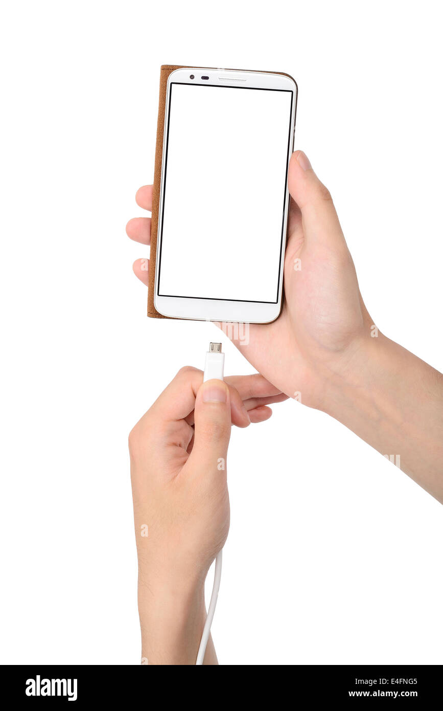 Smartphone im Fall und Ladekabel auf einer hand Stockfoto