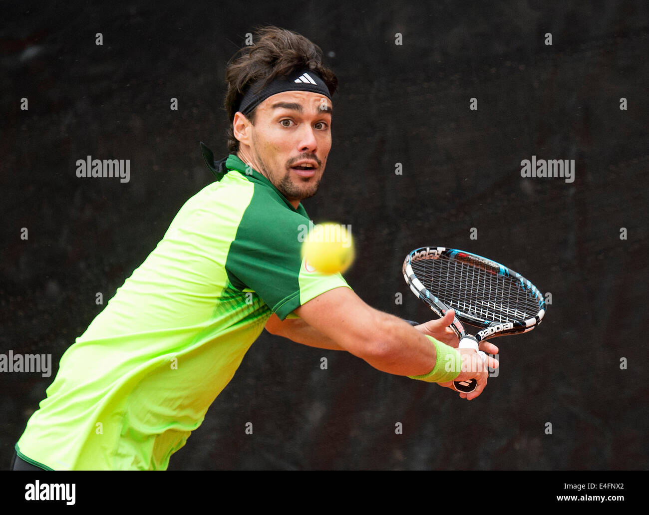 Stuttgart, Deutschland. 10. Juli 2014. Italienischer Tennisspieler Fabio Fognini in Aktion während der erste Runde match gegen Golubev aus Kasachstan beim Mercedes Cup ATP Turnier in Stuttgart, Deutschland, 10. Juli 2014. Foto: DANIEL MAURER/Dpa/Alamy Live News Stockfoto