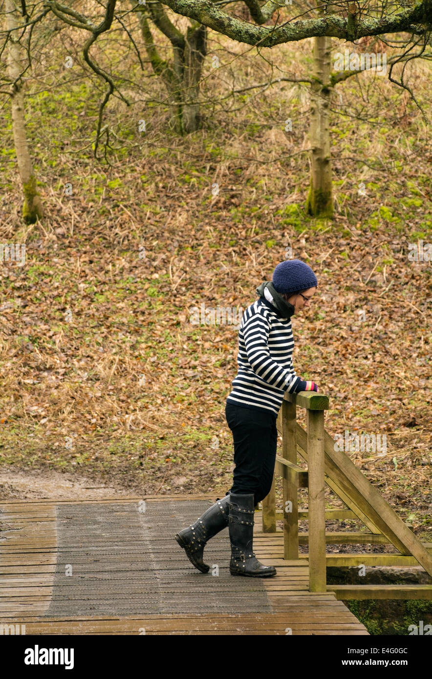 Ein Mädchen in Gummistiefel suchen über eine Brücke in einem Waldgebiet im Winter. Stockfoto