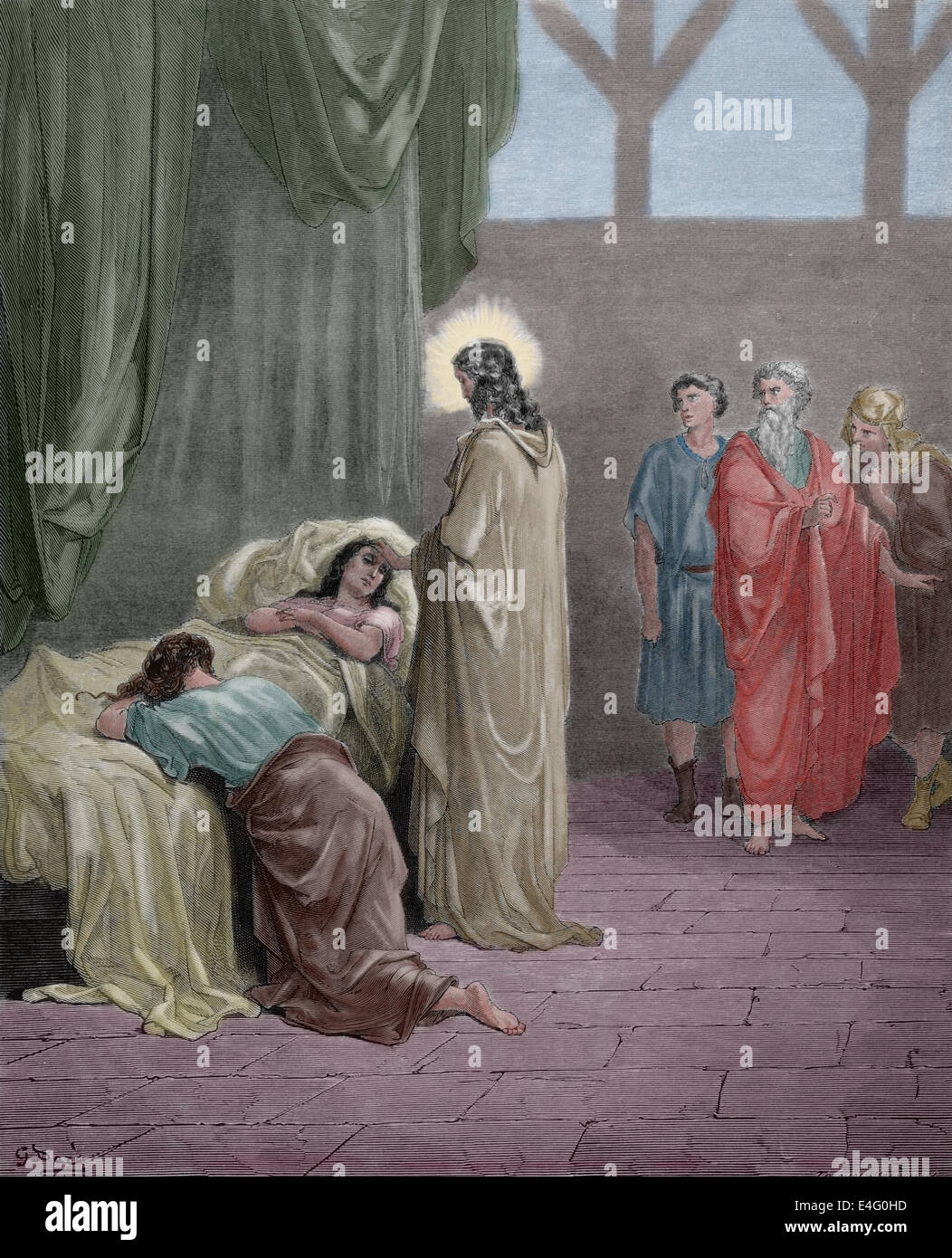 Neuen Testaments. Jesus hob die stahlharte Jairus. (Luke 08:54). Draving von Gustave Dore und Gravur von Trichon. 19. Jahrhun Stockfoto