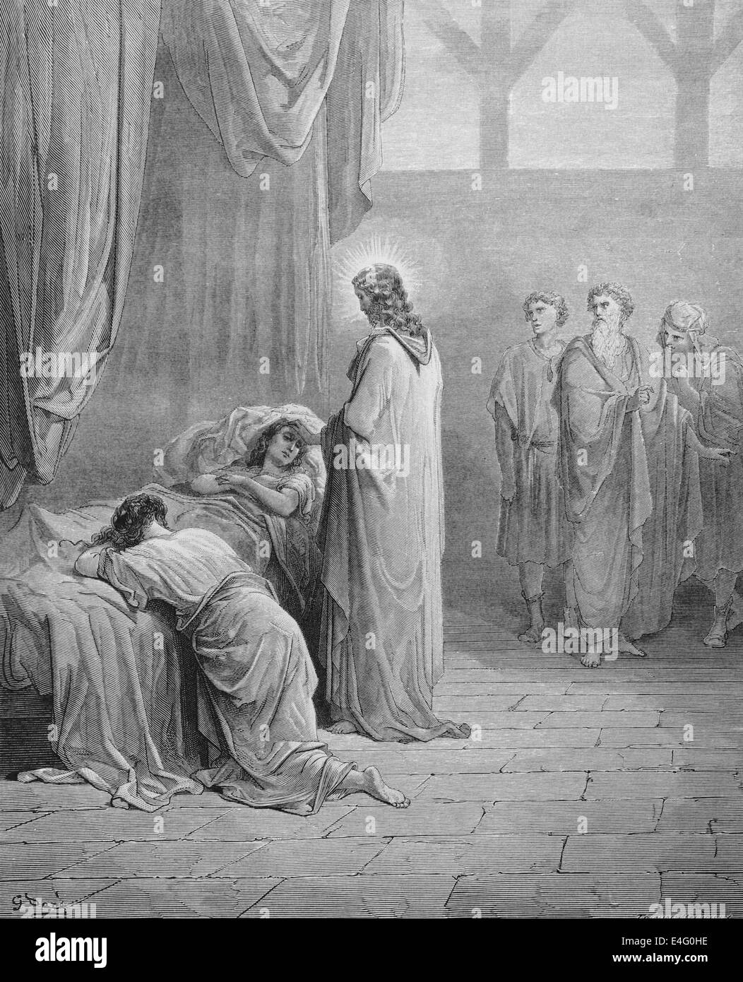Neuen Testaments. Jesus hob die stahlharte Jairus. (Luke 08:54). Draving von Gustave Dore und Gravur von Trichon. Stockfoto