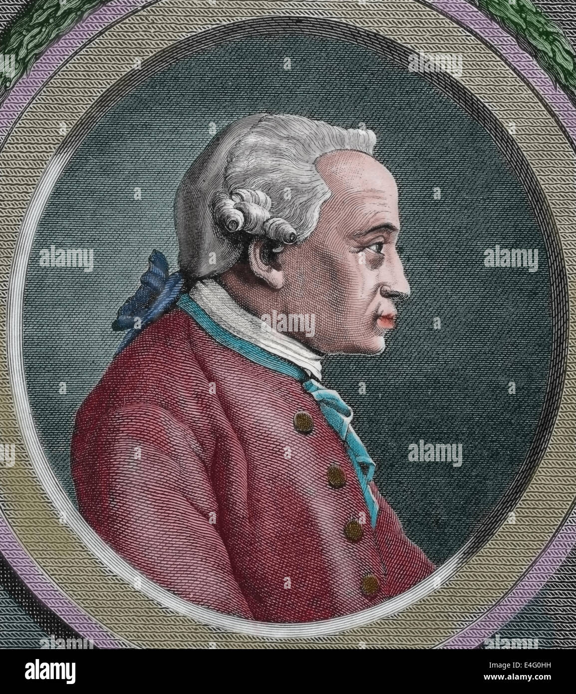 Immanuel Kant (1724-Ð 1804).  Deutscher Philosoph. Kupferstich von A. Closs. "Germania". Spätere Färbung. Stockfoto