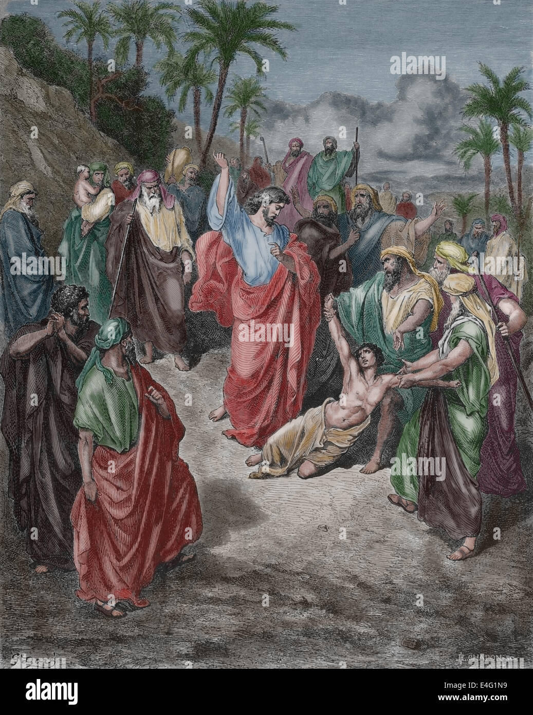 Neuen Testaments. Jesus, Heilung der verrückten. Zeichnung von Gustave Dore (1832-1883) und Kupferstich von Leon Louis Chapon (1836-1918). 19 Stockfoto