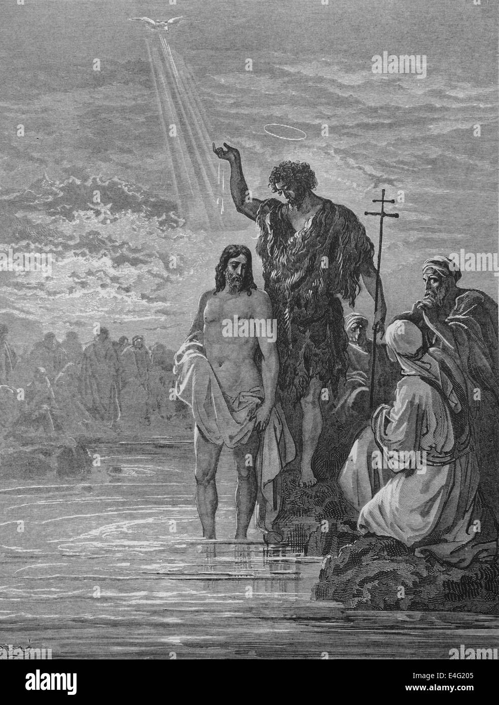 Neuen Testaments. Die Taufe von Jesus. (Mattehw 03:16, 17). Kupferstich von A. Ligny und Zeichnung von Gustave Dore. Stockfoto