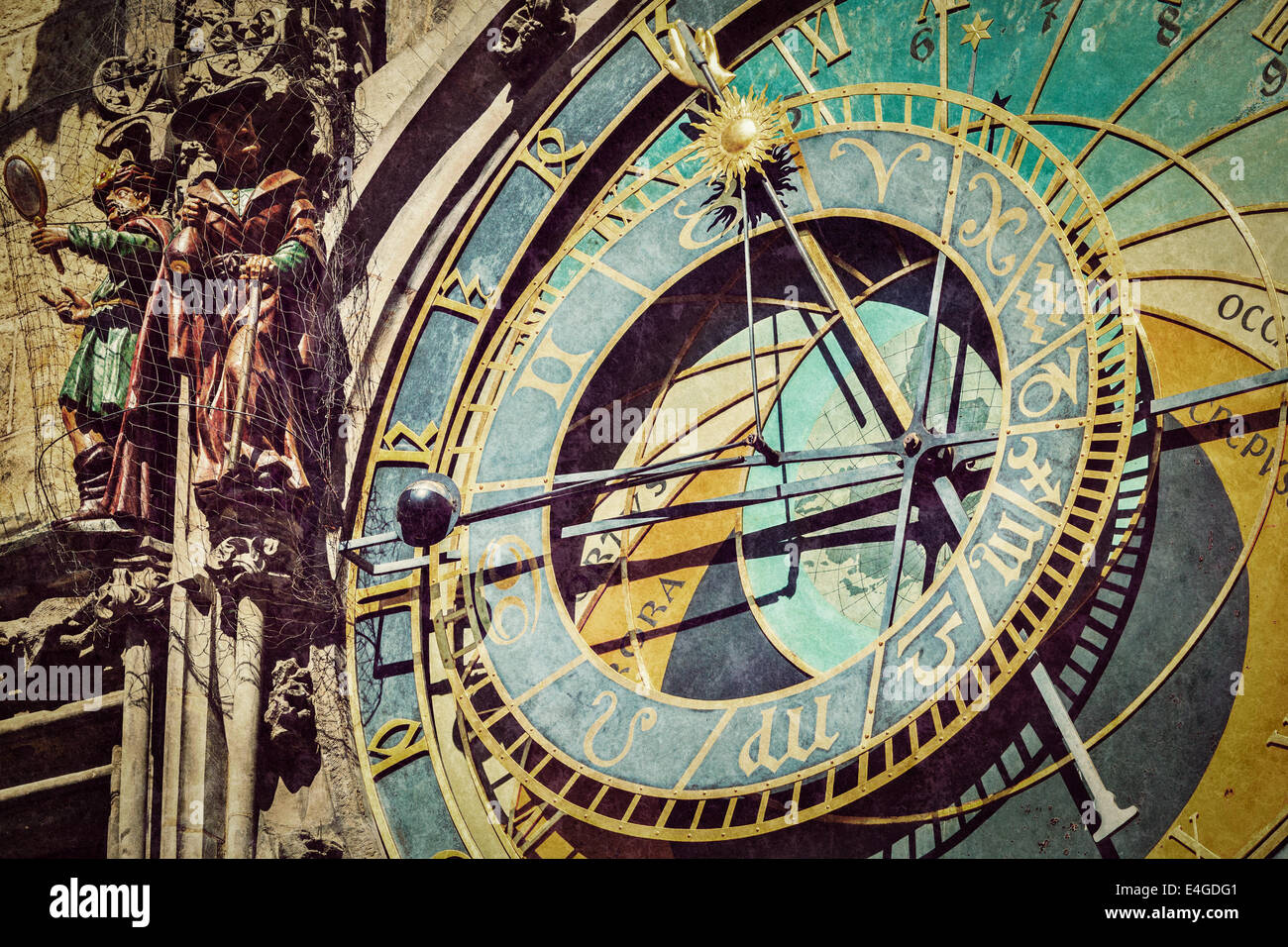 Vintage Retro-Hipster Stil reisen Bild der astronomische Uhr am Rathaus. Prag, Tschechische Republik mit Grunge Texturen überlagert Stockfoto