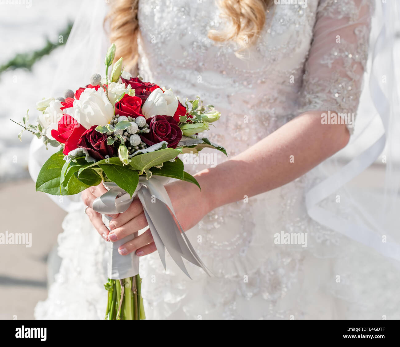 Eine Winter-Braut hält einen roten und weißen Blumenstrauß. Stockfoto
