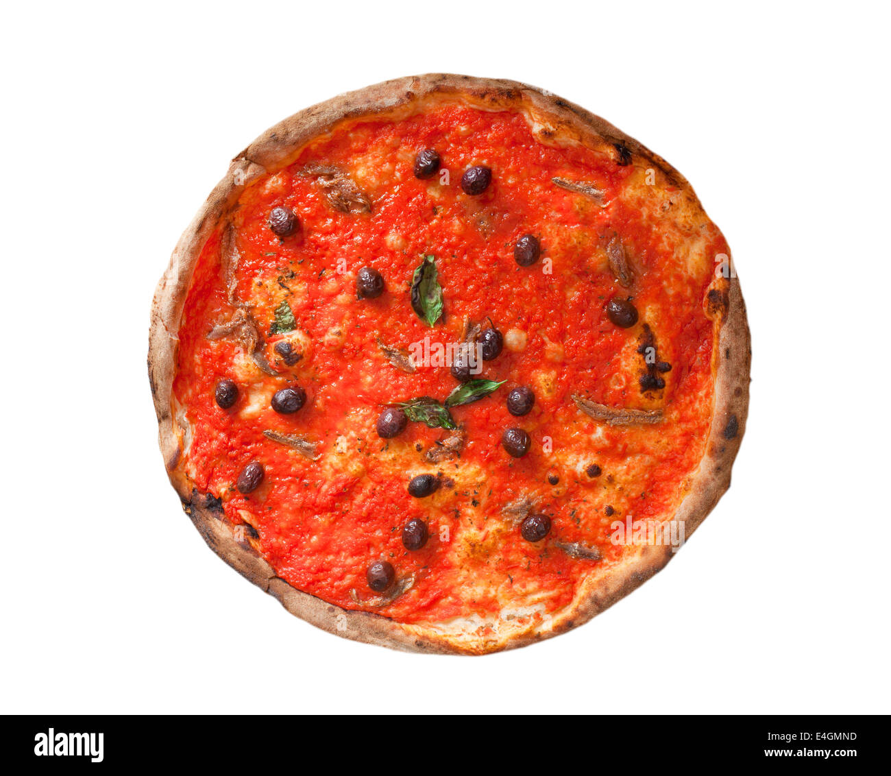 Pizza Marinara mit Sardellen und Oliven, die isoliert auf weißem Hintergrund Stockfoto