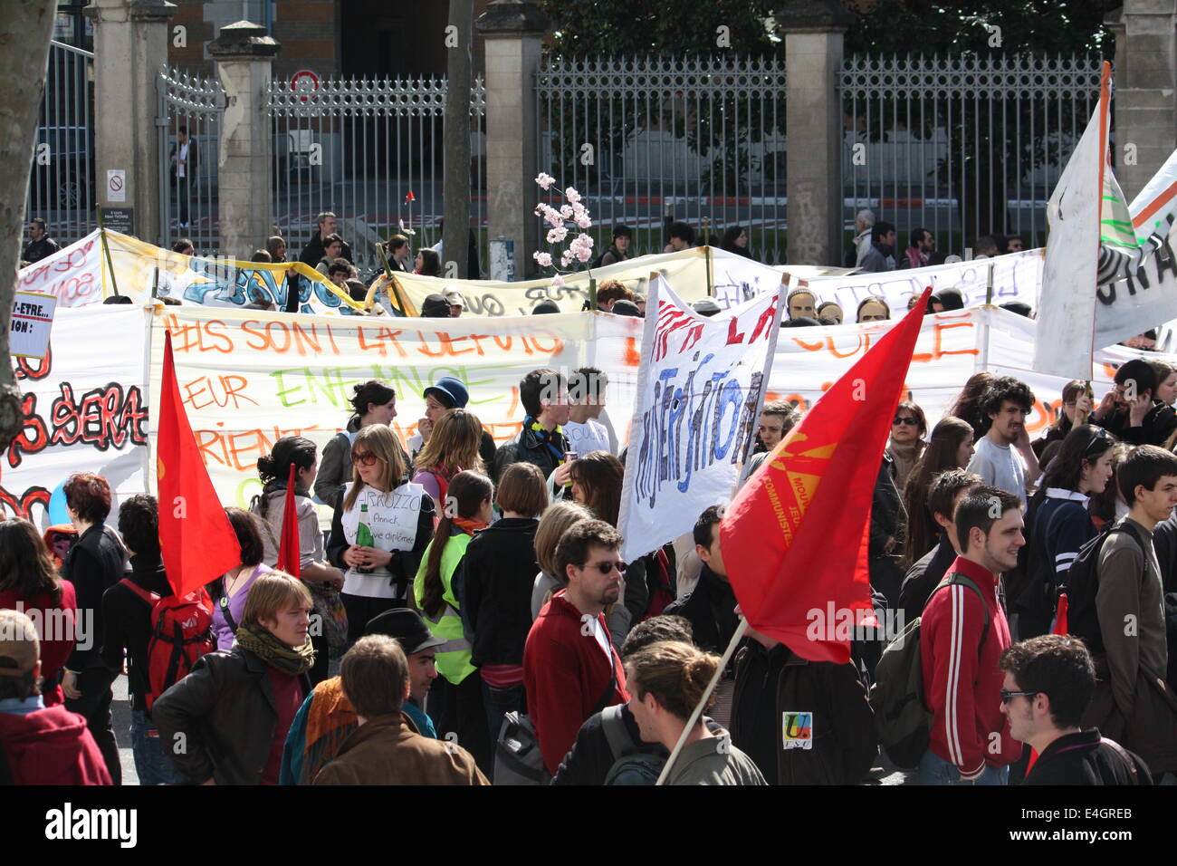 Demonstration der Gewerkschaften gegen die Wirtschaftskrise, Arbeitslosigkeit, Lyon, Rhône, Rhône-Alpes, Frankreich. Stockfoto
