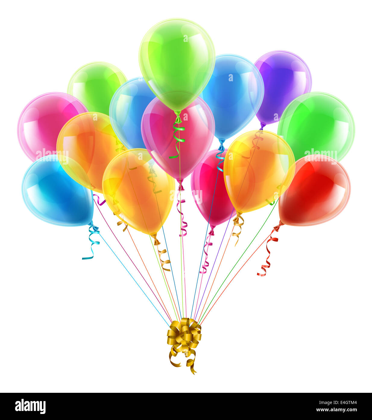 Ein Beispiel für eine Reihe von bunten Geburtstag oder Party Luftballons mit Bändern zusammengebunden mit einer großen goldenen Bogen Stockfoto