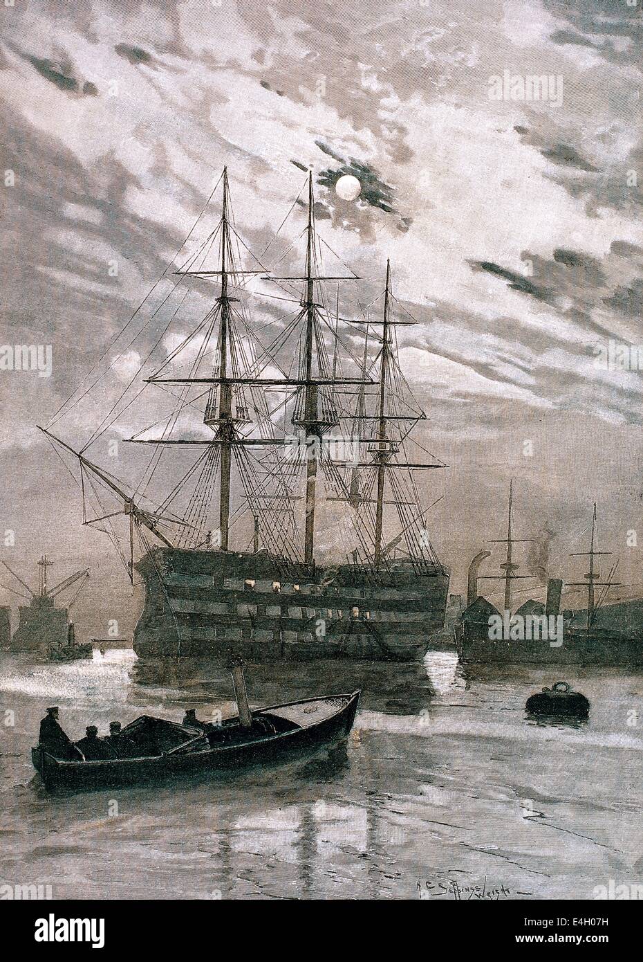 Transport / Transport, Navigation, Segelschiffe, ältestes Schiff der englischen Flotte, Faksimile eines Aquarells von Henry Charles Seppings Wright (1850-1937), Seppings-Wright, Mond, Mondlicht, Nacht, Dunkelheit, Schiff, Kriegsschiff, Kriegsschiffe, Cutter, Royal Navy, historisch, historisch, 19. Jahrhundert, Menschen, Zusatzrechte-Clearences-nicht vorhanden Stockfoto