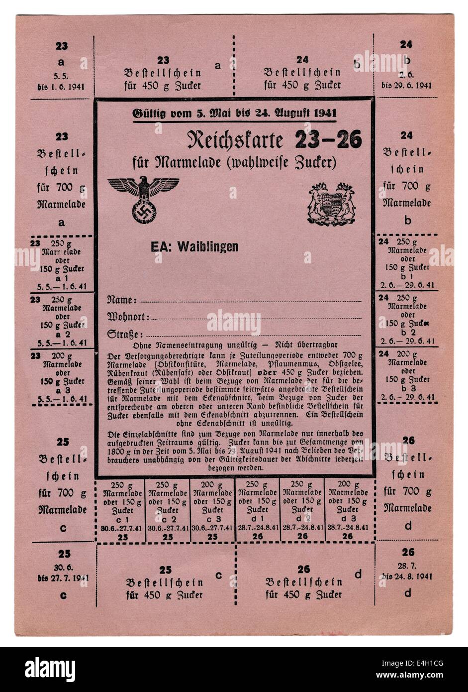 Nationalsozialismus / Nationalsozialismus, Dokumente, Rationskarte für Marmelade (alternativ für Zucker), Waiblingen, 1941, Zusatz-Rechte-Clearenzen-nicht vorhanden Stockfoto